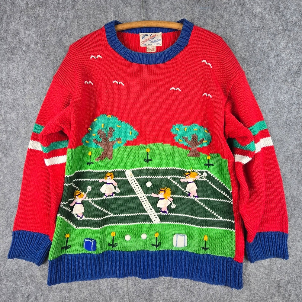 Cotton Salsa Sweater Womens L Red Tennis Scene Hand Made Peru Cotton Novelty